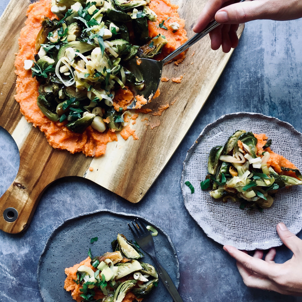 Sweet Potato Mash with Roasted Maple Brussels Sprouts