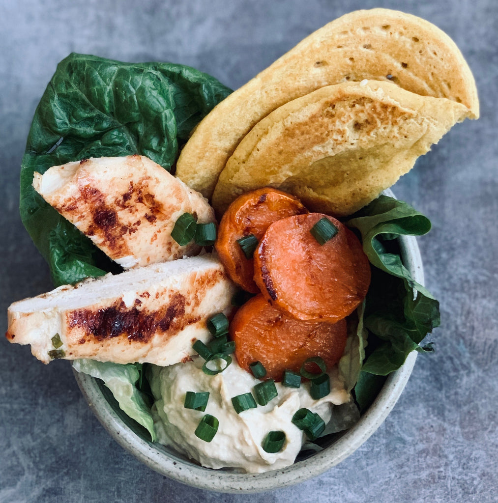 Chicken and Hummus Bowl with Flatbread and Sweet Potato