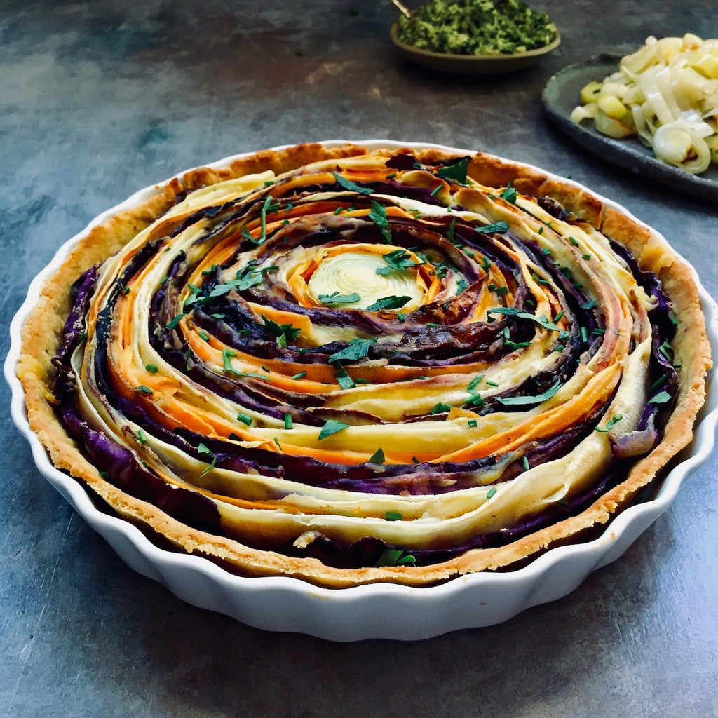 Spiral Vegetable Tart with Creamy Vegan Sauce